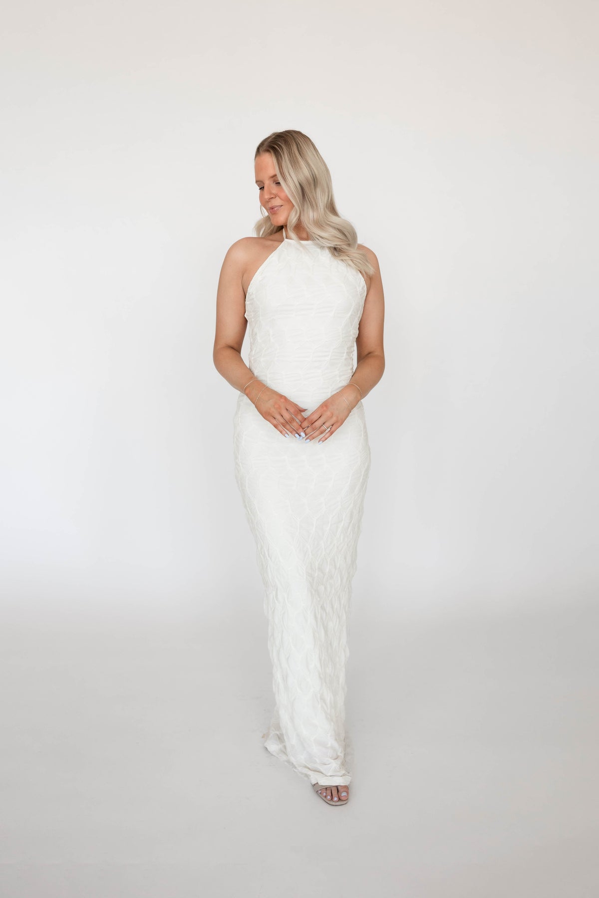 Zara Ivory Textured Open Back Maxi Dress