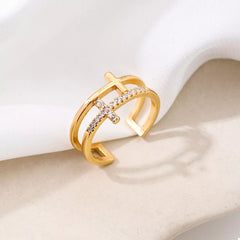 18K Gold-Plated Rhinestone Cross Open Ring