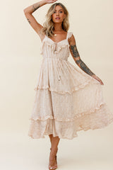 Priscilla Frill Detail Maxi Dress Floral Print Beige