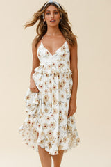 Marigold Peplum Midi Ruffle Dress Floral Print White