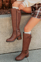 Iconic Shine Buckle Detailed Faux Leather Boots (Tan)