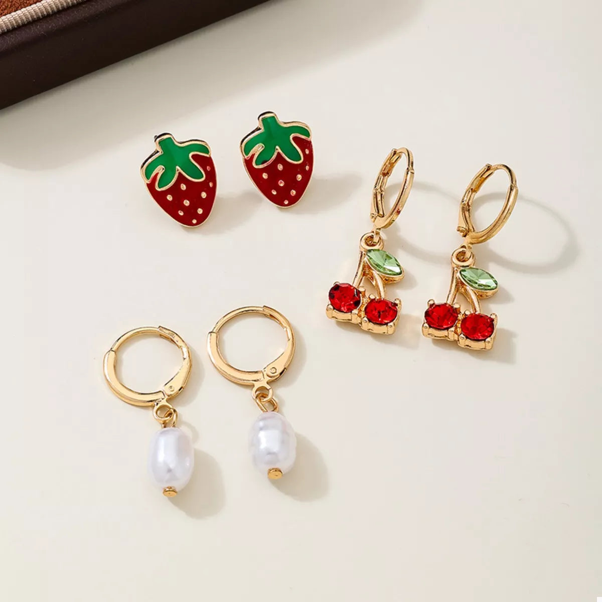 3 Piece 18K Gold-Plated Strawberry Cherry and Pearl Earrings