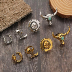 4 Piece Vintage Western Style Bull Head Rings