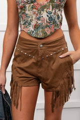 Hats Off Here High Rise Suede Fringe Shorts (Mocha)