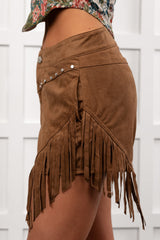 Hats Off Here High Rise Suede Fringe Shorts (Mocha)