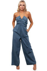 Been Done Before Halter Tie Wide Leg Jumpsuit (Denim)