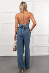 Been Done Before Halter Tie Wide Leg Jumpsuit (Denim)