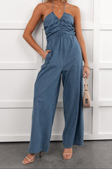 Been Done Before Halter Tie Wide Leg Jumpsuit (Denim)