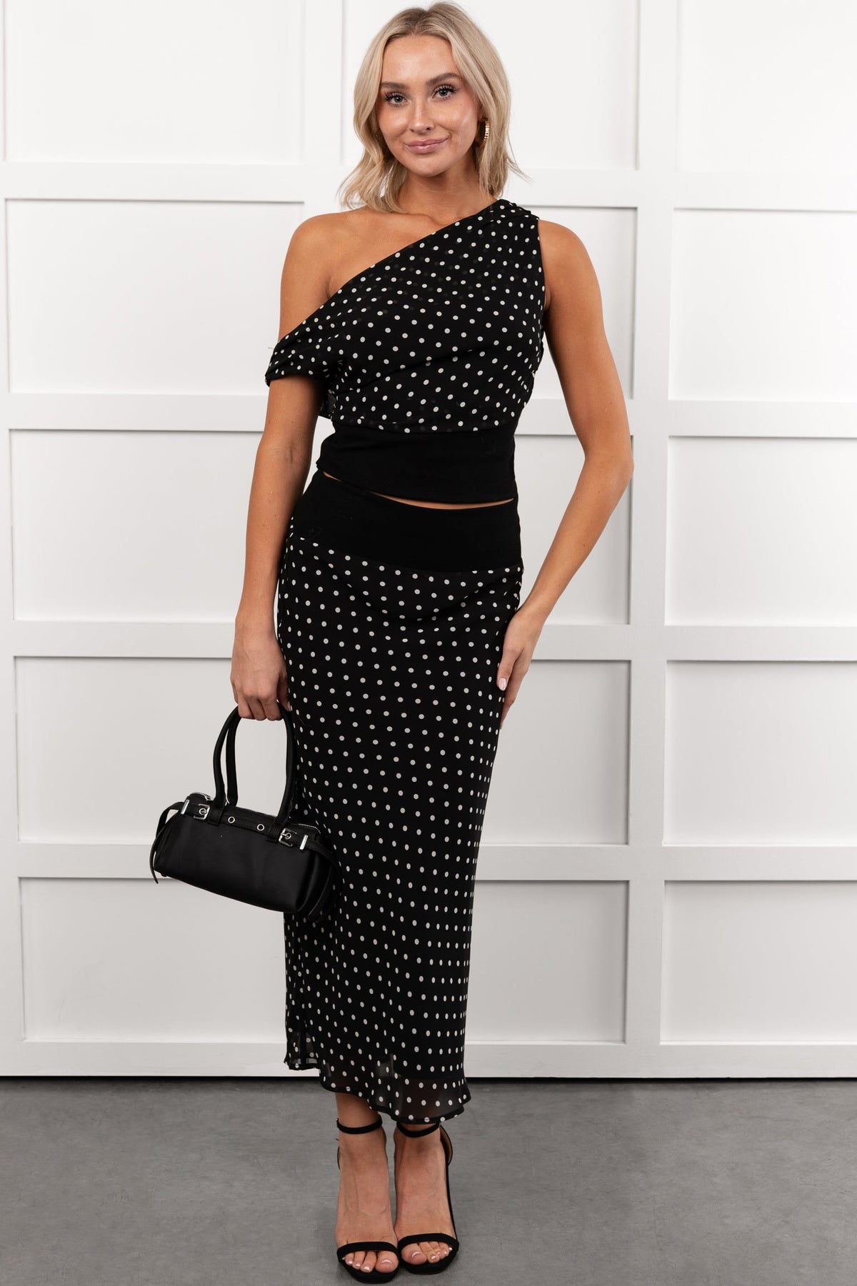 Heat Of It Polka-Dot One Shoulder Top Midi Skirt Set (Black/White)