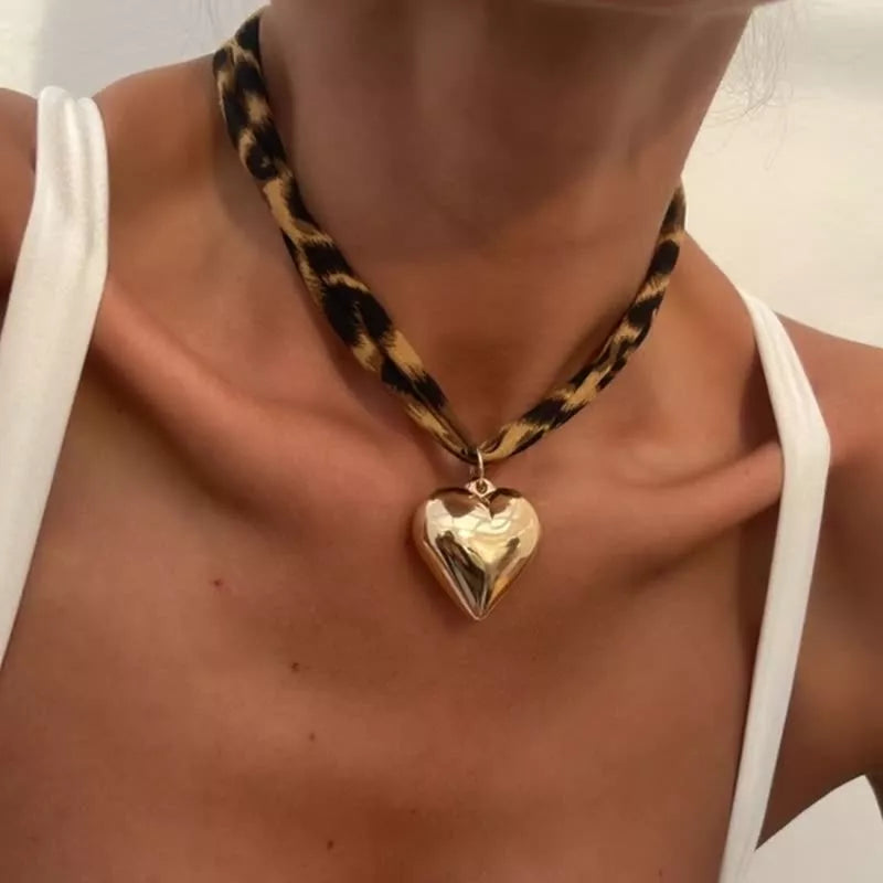 Leopard Print Choker with Golden Heart Pendant Necklace