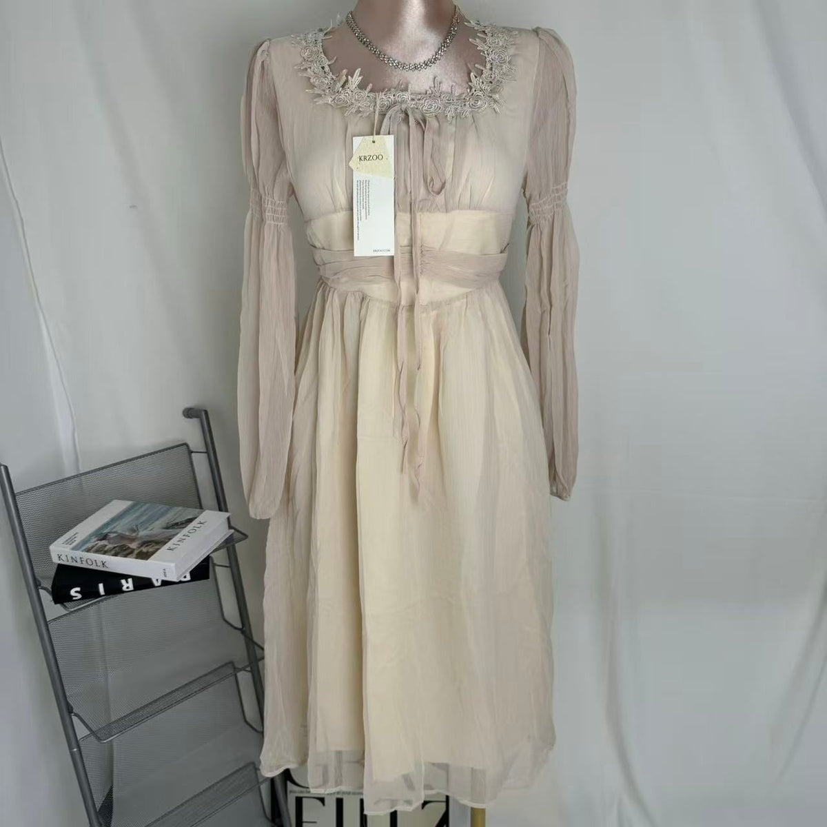 Square-Neck Long-Sleeve Chiffon Dress