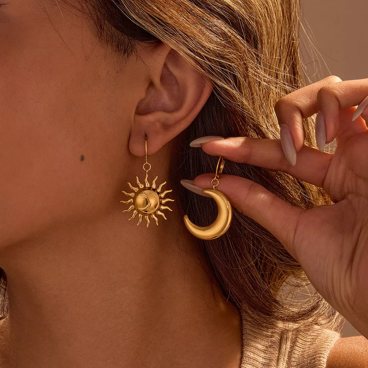 18K Gold-Plated Asymmetrical Sun & Moon Earrings