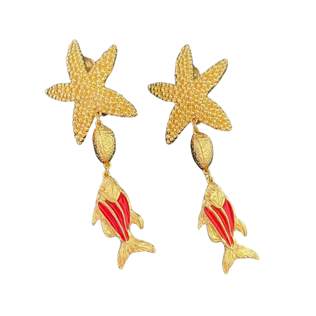 Vintage Fish Pendant Star Fish Clip Earrings