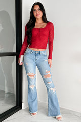 Laced In Love Cinched Lace Long Sleeve Top (Deep Red)