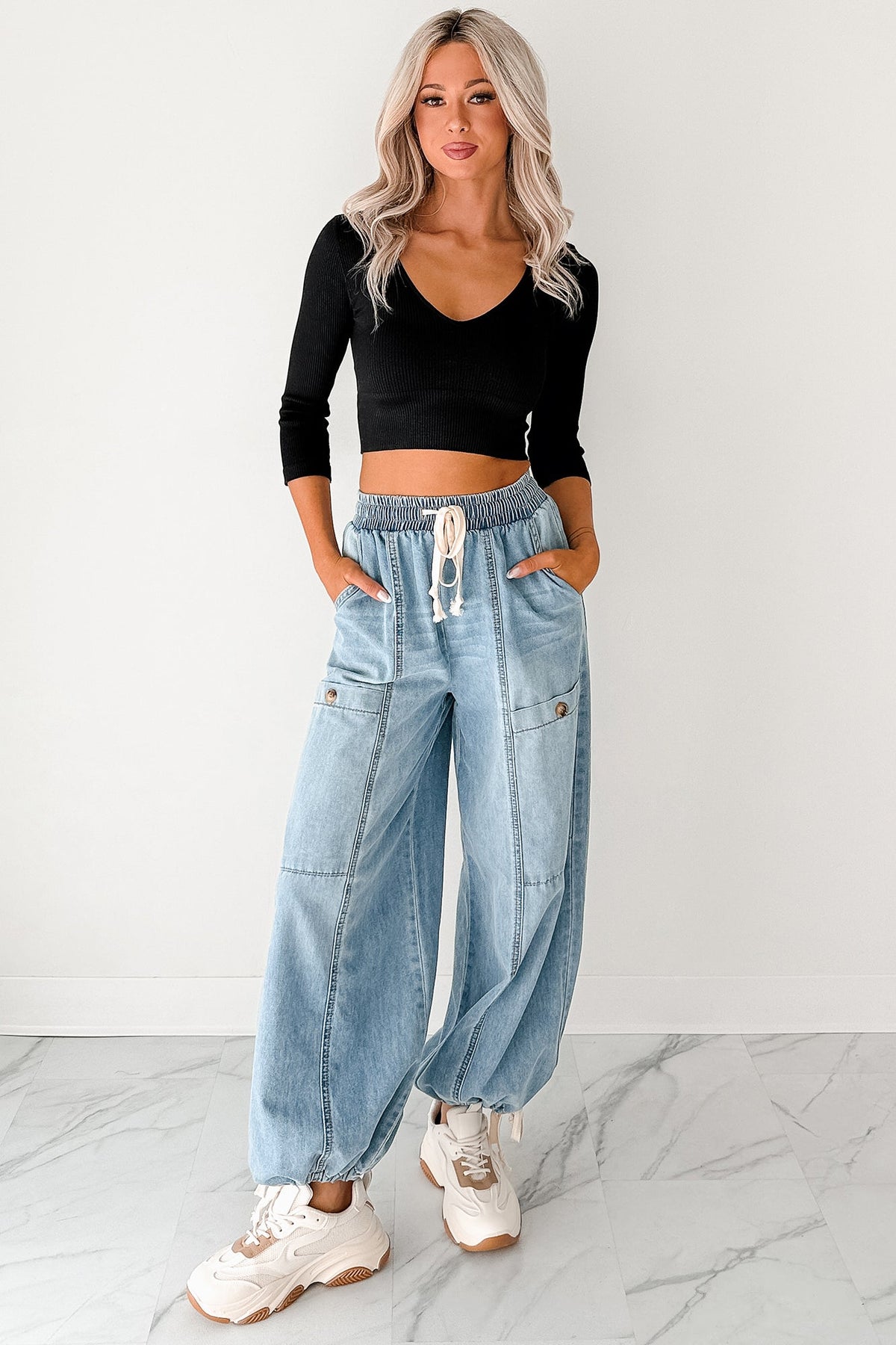 Restless Soul Denim Wide Leg Drawstring Pants (Light)