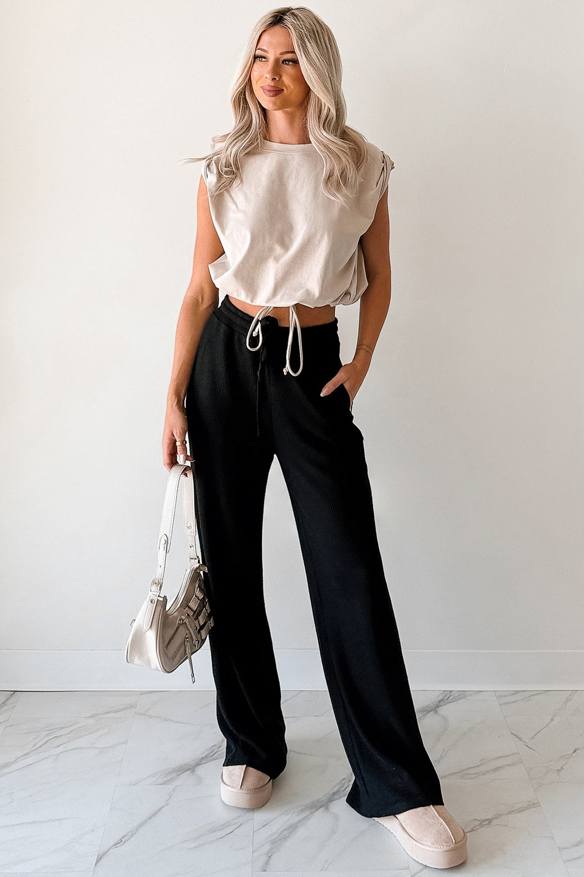 Beyond Horizons Waffle Knit Wide Leg Pants (Black)