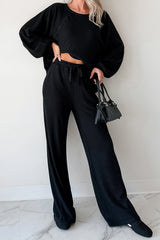 Beyond Horizons Waffle Knit Wide Leg Pants (Black)