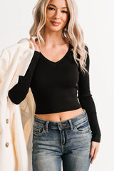 Born Sweet V Neck Ribbed Knit Top (Black)