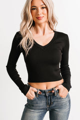 Born Sweet V Neck Ribbed Knit Top (Black)