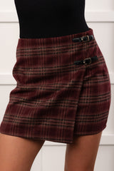 Holiday Darling Plaid Wrap Mini Skirt (Burgundy)
