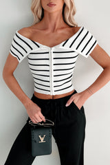 Lovely & Kind Off The Shoulder Striped Zip-Up Top (White)