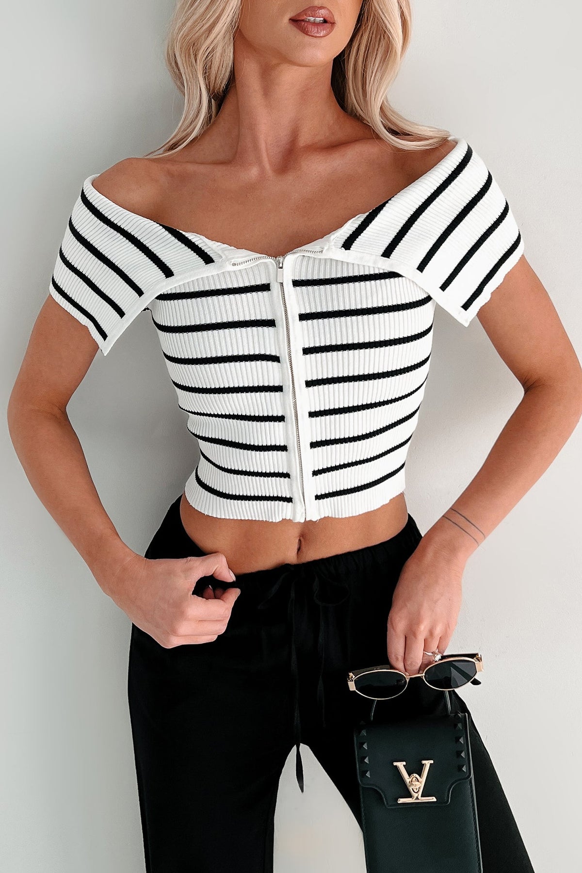 Lovely & Kind Off The Shoulder Striped Zip-Up Top (White)