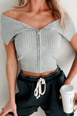 Relaxed Yet Refined Off Shoulder Zip-Up Top (Heather Grey)