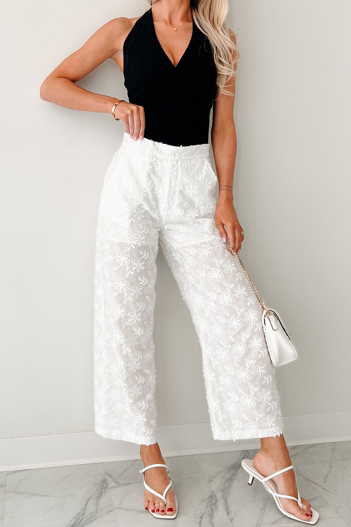 Rise & Shine Floral Embroidered Wide Leg Pants (White)
