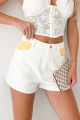 Blooming Anyway Contrast Denim Shorts (Off White/Yellow)