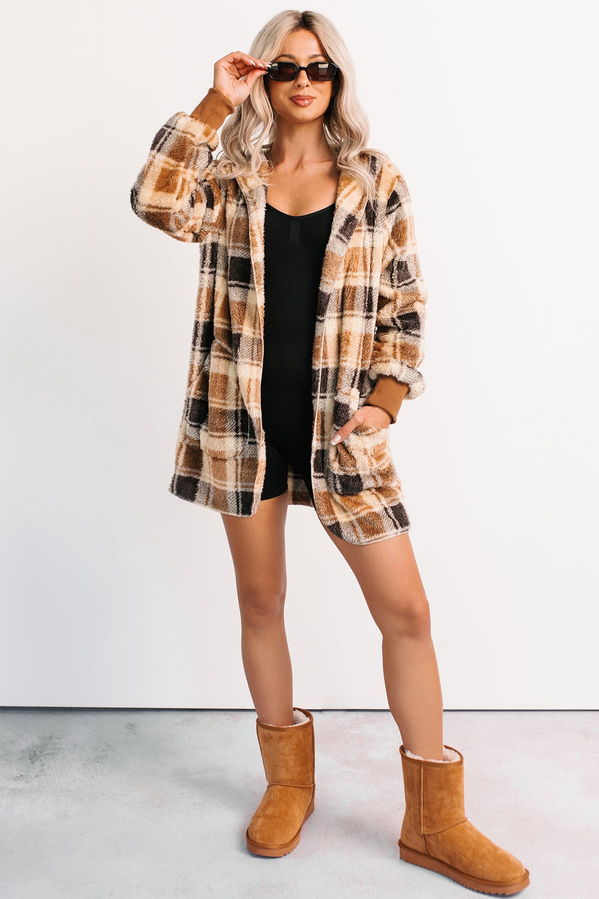 No Off Days Plaid Print Fur Hoodie Cardigan (Camel Mix)