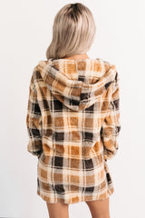No Off Days Plaid Print Fur Hoodie Cardigan (Camel Mix)