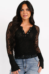 Be The Plot Long Sleeve Henley Lace Top (Black)