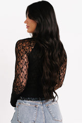 Be The Plot Long Sleeve Henley Lace Top (Black)