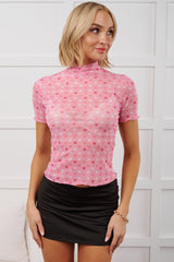 Cupid's Favorite Mock Neck Short Sleeve Mesh Top (Pink)
