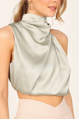 Arabella High Neck Drape Satin Top - Olive