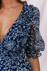 Misty Half Puff Sleeve Ruffle Detail Dress Navy