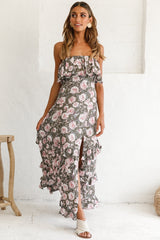 Zulu Frill Bust Front Split Maxi Dress Floral Print Olive