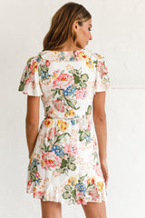 Love Story Angel Sleeve Wrap Dress Floral Print White
