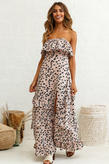 Zulu Frill Bust Front Split Maxi Dress Animal Print Mocha