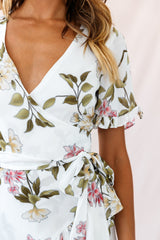 Omara Floral Wrap Ruffle Trim Dress White