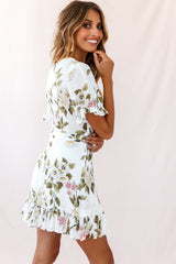 Omara Floral Wrap Ruffle Trim Dress White