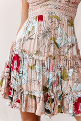 Sanctuary Applique Bust Tie-Knot Back Dress Floral Print Beige