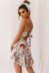 Sanctuary Applique Bust Tie-Knot Back Dress Floral Print Beige