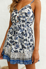 Brigitta Placket Bust Drawstring Waist Dress Paisley Floral Print Blue