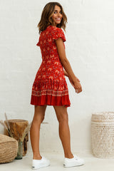 Mayan Angel Sleeve Waist Tie Dress Red Paisley Print