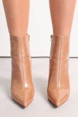 Queen Status Pointed Toe Heeled Booties (Nude Patent)