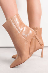Queen Status Pointed Toe Heeled Booties (Nude Patent)