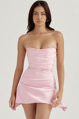 Silky Satin Pleated Trim Corset Strapless Party Mini Dress