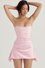 Silky Satin Pleated Trim Corset Strapless Party Mini Dress