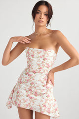 Silky Satin Pleated Trim Corset Strapless Party Mini Dress